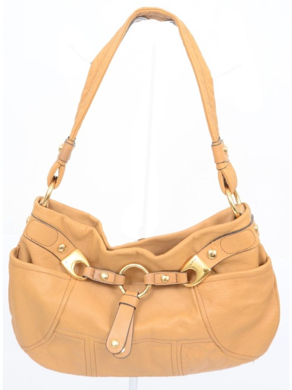 B Makowsky Hobo Tan Leather Handbag Shoulder Bag Slouchy Purse Gold Hardware